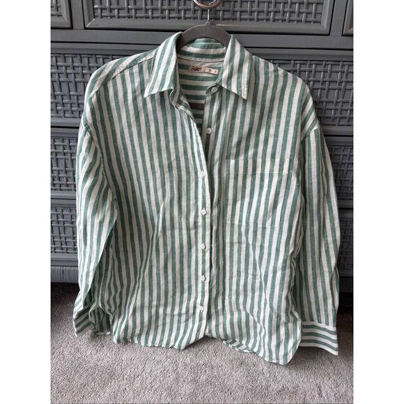 NWOT Faherty Laguna Linen Relaxed Shirt - Deep Jungle Lucy Stripe, XS $168 G5 - Picture 2 of 9